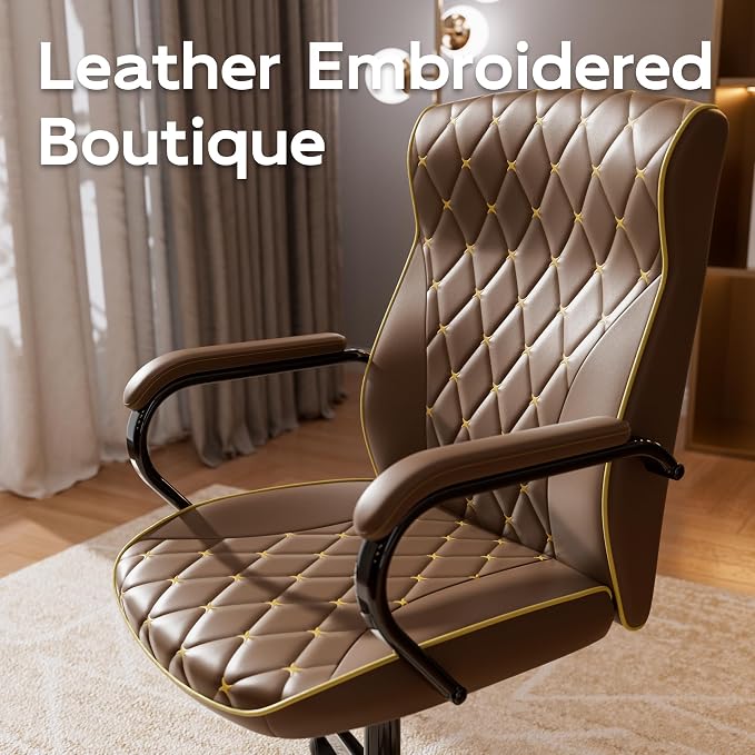 HomeZeer Brown Office Chair, Luxury Leather Executive Desk Chair | Elegant Timeless Appeal, Vintage Mid Back Styling with Wheels and Padded Arms, Thick High Density Foam Comfort