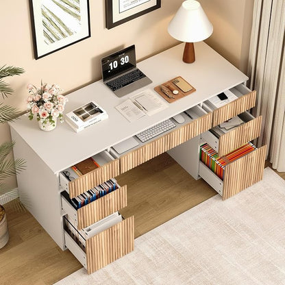 4 EVER WINNER 58 Inch White Desk with Drawers, Home Office Desks with 7 Storage Drawers, Executive Desk with File Cabinet for Bedroom Study Work Table Writing, White and Walnut
