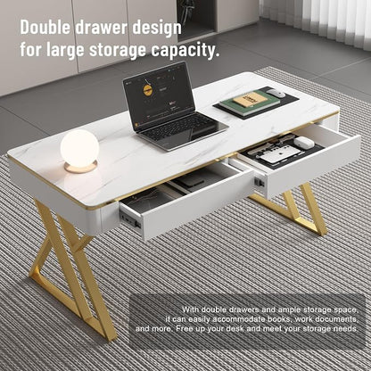 Modern Office Computer Desk with Tempered Glass Top & Marble Pattern, White Wooden Gaming Desk with Drawers, Thick Lacquered Writing Desk for Home Office, Bedroom and Living Room (Z-104)
