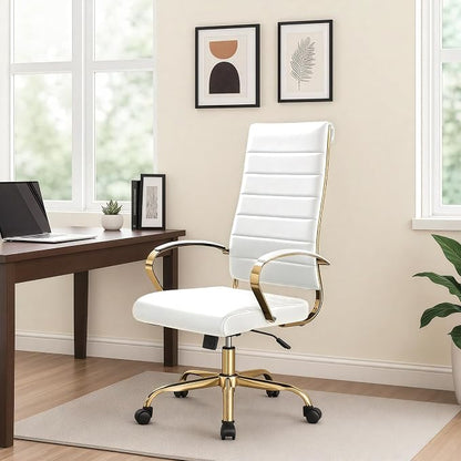 LeisureMod Modern High-Back Leather Office Chair - Swivel & Adjustable Executive Desk Chair with Gold Frame, Ergonomic Design for Home & Office (White, Set of 2)