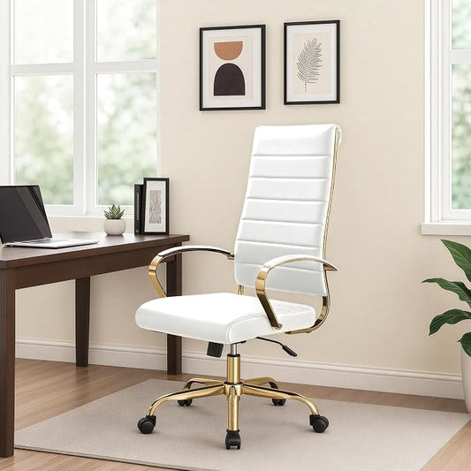 LeisureMod Modern High-Back Leather Office Chair - Swivel & Adjustable Executive Desk Chair with Gold Frame, Ergonomic Design for Home & Office (White, Set of 6)