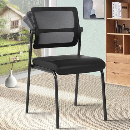 CLATINA Stackable Mesh Office Chair Armless Guest Waiting Stacking Chair with Ergonomic Lumbar Support & Leather Seat Cushion, for Conference, Lobby, School, Reception, BlackTotal Budget, Black