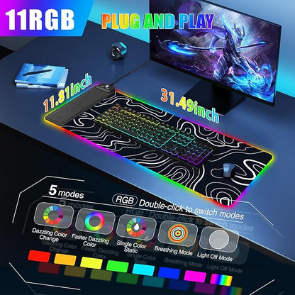 RGB Mouse Pad with Foldable Phone Stand Wireless Charger, 31.5"x11.8" XL Gaming Mousepad Large Desk Mat, Desk Pad with 11 Colors 5 Modes, Waterproof
