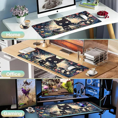 Mouse Pad Anime, Mouse Pad with Wrist Rest, 4-in-1 XXL Large Desk Mat Kawaii Mousepad with Gel Wrist Support Keyboard Wrists Rest Coaster, Ergonomic Gaming Cat Desk Pad, Funny Cute Office Accessories