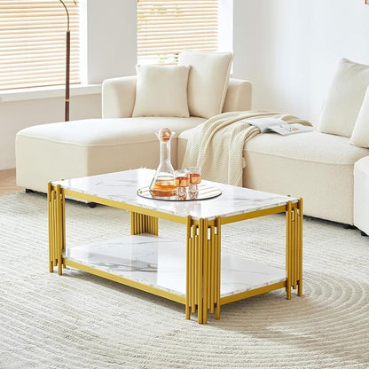 White Marble Coffee Table Set of 2, Faux Marble Coffee Tables and Gold White Console Table with Chrome Metal I-Base, Luxury Marble 2 Piece Living Room Table Set for Bedroom Home Office