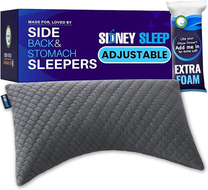 Sidney Sleep Adjustable Curved Pillows for Neck and Shoulder Support with Extra Shredded Fill - Cervical Contour Pillow for Side and Back Sleepers. Standard Size 19" x 26" CertiPUR-US Certified (Grey)