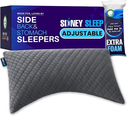 Sidney Sleep Adjustable Curved Pillows for Neck and Shoulder Support with Extra Shredded Fill - Cervical Contour Pillow for Side and Back Sleepers. Standard Size 19" x 26" CertiPUR-US Certified (Grey)