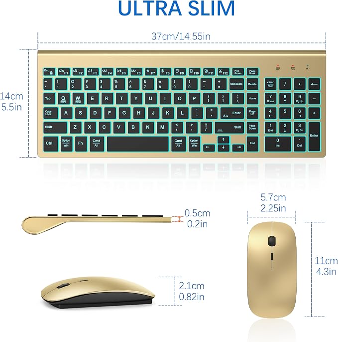 Wireless Backlit Keyboard and Mouse Ultra Slim Combo, TopMate 2.4G Silent Compact 2400DPI Mouse and Scissor Switch Keyboard Set, Batteries Included, for PC/Laptop/Windows/Mac/Gaming - BL Gold Black