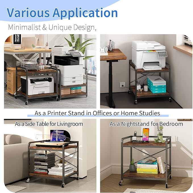 METYERRY Under Desk Printer Stand with Power Outlet,2 Tier Large Printer Table with Adjustable Shelf,Rolling Printer Cart with Industrial Wheels for Home Office,20"×20" Rustic Brown