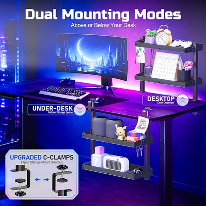 17 inch Adjustable 2-Tier Clamp On Desk Shelf with Hooks | Heavy Duty, Holds 44 lbs, No Drill, for Home Office, Gaming & Desk Organizer
