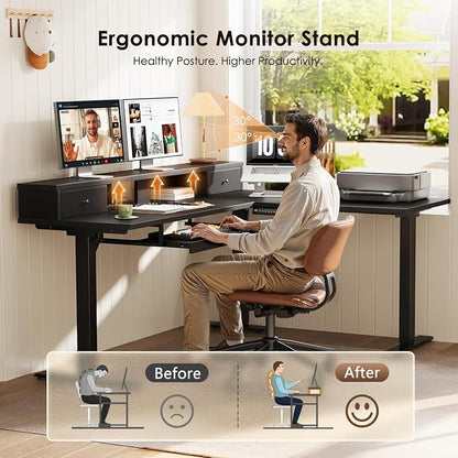 OffiGo 59 Inch L Shaped Electric Standing Desk with Drawers, Height Adjustable Corner Computer Desk with Keyboard Tray & Monitor Stand, Stand Up Table for Home Office Workstation, Black