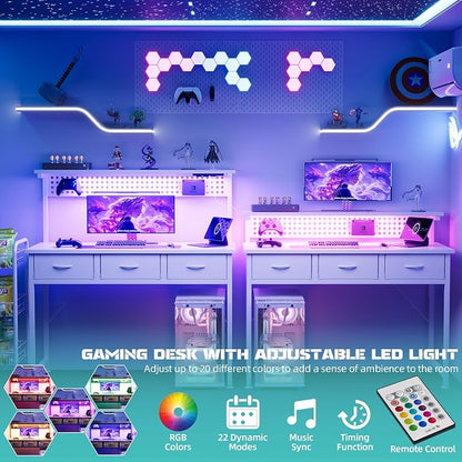 MUTUN Computer Desk with Drawers, 40 Inch Computer Desk with Power Outlet & LED Light, Gaming Desk with Adjustable Monitor Stand & Pegboard, Modern PC Study Writing Table for Bedroom, White