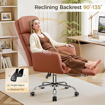 Big and Tall Office Chair 500LBS, Ergonomic High Back Leather Executive Chair, Reclining Swivel with Adjustable Armrests Lumbar Support Footrest, Cross Legged, Brown