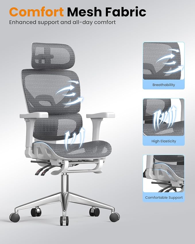 naspaluro Ergonomic Office Chair, High Back Mesh Desk Chair, 350lbs Capacity, Lumbar Support, 3D Armrest Headrest, Footrest, PU Wheels, Swivel Computer Chair for Home Office, Work & Gaming
