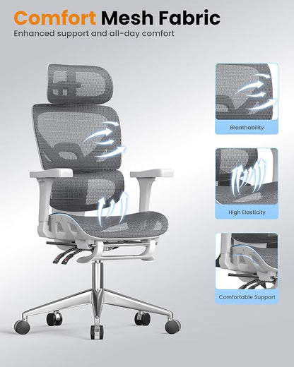 naspaluro Ergonomic Office Chair, High Back Mesh Desk Chair, 350lbs Capacity, Lumbar Support, 3D Armrest Headrest, Footrest, PU Wheels, Swivel Computer Chair for Home Office, Work & Gaming