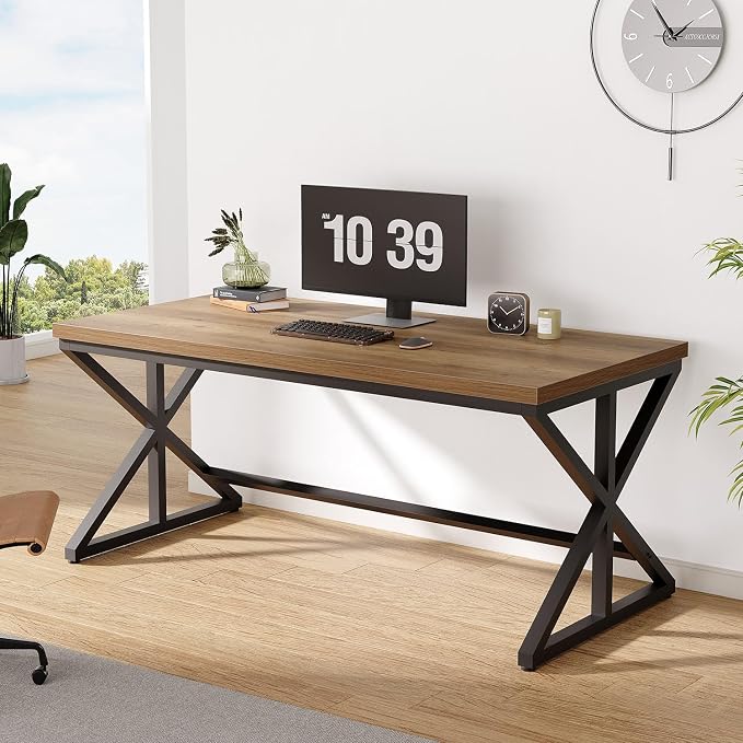 IBF Rustic Office Desk Table, Industrial Long Wood Computer Desk for Home Office, Modern Large Wide Simple Pc Gaming Workstation Executive Writing Desks Big Table for Work Study, Rustic Oak, 60 Inch