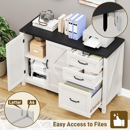 Farmhouse File Cabinet with Doors, Lateral Filing Cabinet with 3 Drawers for Letter/A4 Size Hanging Files, Large Wooden Storage Cabinet with Adjustable Shelves for Home Office, White and Black