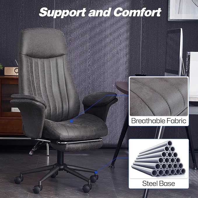 Home Office Ergonomic Chair with Footrest, Modern Luxury Faux Suede Leather Chairs, Comfy High Back Computer Swivel Rolling Task Armchair for Executive, Grey Color
