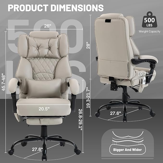 Massage Office Chair with Foot Rest,6 Points Vibration & Heat Executive Office Chairs,Big and Tall Office Chair 500LBS,Ergonomic Desk Chair for Heavy People,Recliner with Dual-Use Pillow,Beigepu