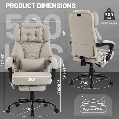 Massage Office Chair with Foot Rest,6 Points Vibration & Heat Executive Office Chairs,Big and Tall Office Chair 500LBS,Ergonomic Desk Chair for Heavy People,Recliner with Dual-Use Pillow,Beigepu
