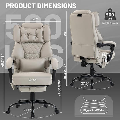 Massage Office Chair with Foot Rest,6 Points Vibration & Heat Executive Office Chairs for Heavy People,500LBS Big and Tall Office Chair,Ergonomic Reclining Desk Chair,Dual-Use Pillow,Home Office,Beige