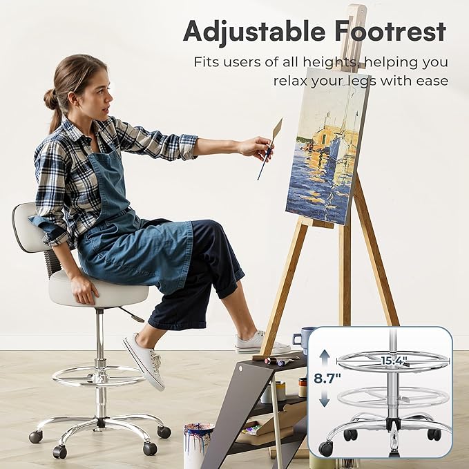 SUPERJARE Drafting Chair with Back, Adjustable Foot Rest Rolling Stool, Multi-Purpose Office Desk Chair, Thick Seat Cushion for Home Bar Kitchen Shop - White