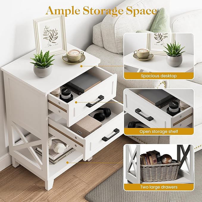 RoyalCraft 30" Tall Nightstand, Modern Painted Bedside Table with 2 Drawers and Open Shelf, Wood Side Table for Bedroom, Home Office, White-Open Shelf Below, Set of 2