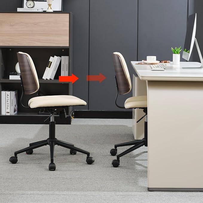 Home Office Desk Chair with Wheels,Modern Walnut Small Desk Chair,Armless Mid Back 360 Swivel Computer Chair,Adjustable Height No Arms PU Leather Chair for Office,Reading,Meeting Room (Beige)