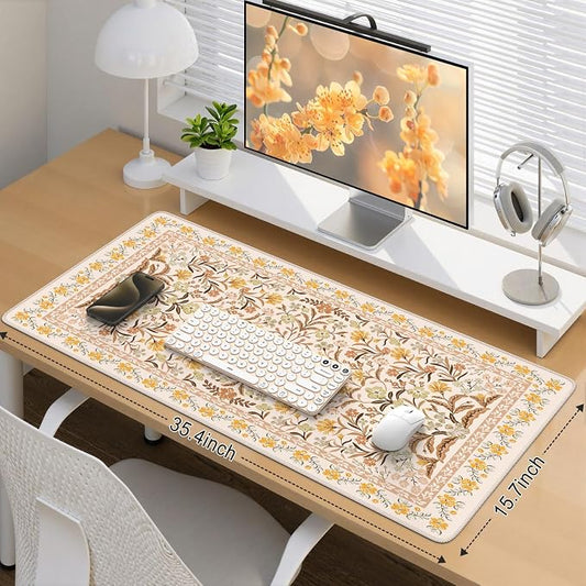 iCasso Desk Matt for Desktop, Cute Desk Pad Mat, XXL Large Mouse Pad, Anti-Slip Big Mousepad with Stitched Edges, Keyboard Pad Mouse Mat for Computer (Yellow Floral)
