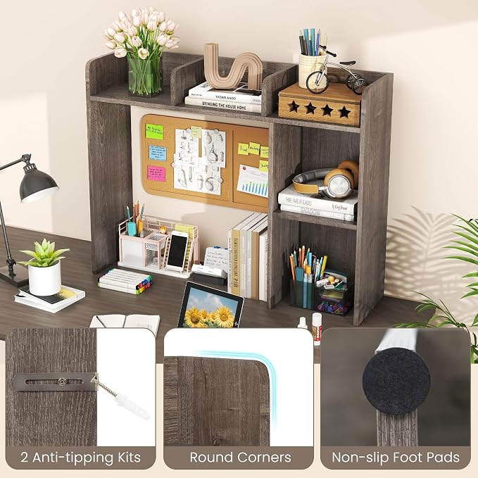 LDAILY Desktop Shelf, Multipurpose Wood Desk Hutch for Max 27" Computer Monitor, Countertop Storage Hutch with 5 Shelves, 3 Tier Desktop Display Rack for Dorm Office Home (Grey Oak)