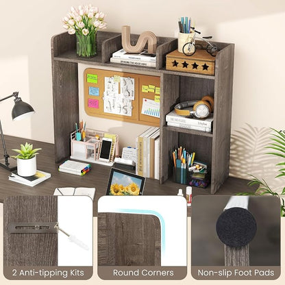 LDAILY Desktop Shelf, Multipurpose Wood Desk Hutch for Max 27" Computer Monitor, Countertop Storage Hutch with 5 Shelves, 3 Tier Desktop Display Rack for Dorm Office Home (Grey Oak)