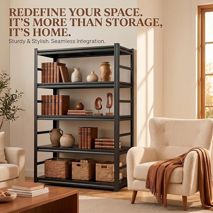 4 Tier Metal Bookshelf, Adjustable Tall Bookcase, Heavy Duty 2400 LBS Modern Deep Book Shelf, Bolt-Free Storage Shelves for Living Room, Home Office, Garage, 19.7" Wx 13.8" Dx 44.1" H