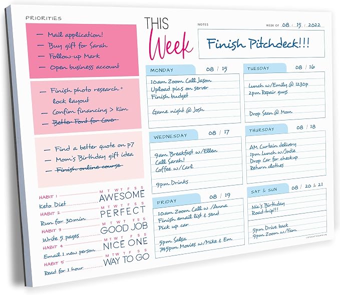 Weekly Planner Pad - Undated Planner - To Do List Notepad - Habit Tracker - 11 x 8.5" - 52 Tear-Off Sheets - Daily Planner Undated for Home Work Office Business - Goal Planner - Cute Planner (Pink)