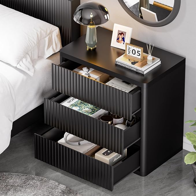 3 Drawer Nightstand, Black Night Stand with Large Storage, Fluted Nightstand for Bedroom, Mid Century Modern End Table Side Table for Living Room Sofa Couch Home Office, Bedside Table 26 Inch Tall