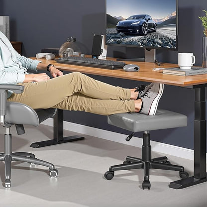 VECELO Under Desk Footrest, PU Ergonomic Foot Rest with Wheels, Comfort Padding, Height Adjustable for Relieving Leg Pain, Stiffness, and etc, Gray