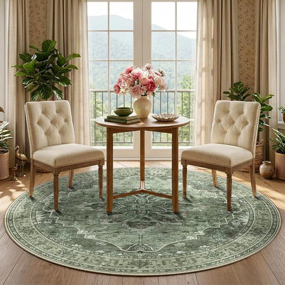 RELEANY Area Rugs Round 5ft Washable Non-Slip, Floral Vintage Distress Medallion Carpet for Living Room Bedroom Dining Room, Dark Green Gray