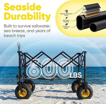 Sekey Heavy Duty Beach Wagon with 9" Big Sand-Proof Wheels – 600lb Capacity, 200L Oversized Foldable Cart | Adjustable Handle & All-Terrain Tires for Sand, Camping, Groceries