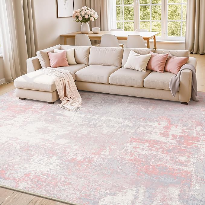 RELEANY Washable Area Rugs 10'x14' Non-Slip Modern Abstract Soft for Living Room Entryway Bedroom Kitchen, Print Pattern, Grey Pink