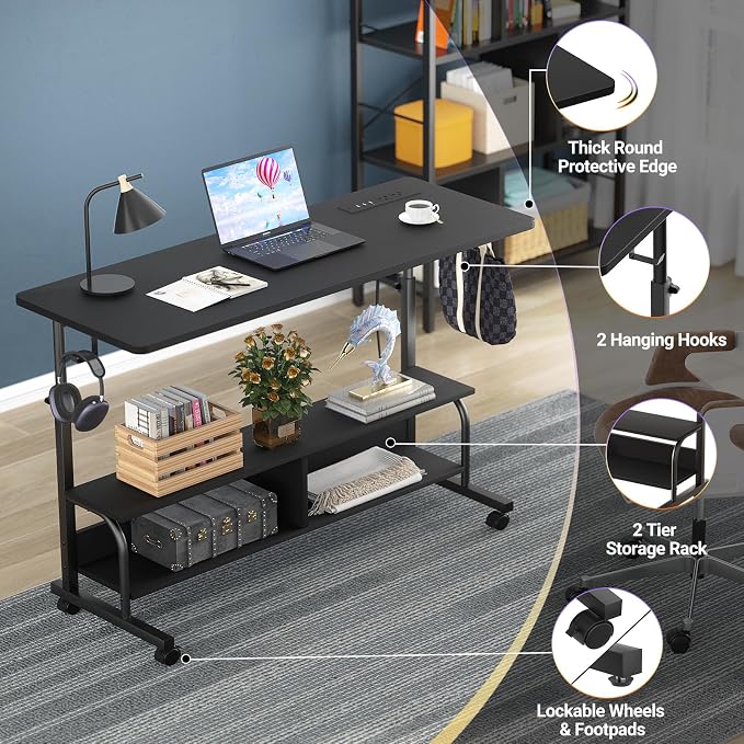 Armocity Rolling Standing Desk with Charging Station, Portable Height Adjustable Mobile Computer Desk with Wheels & 2-Tier Shelves & Hooks, Easy Assembly Laptop Table for Couch Bed, 47" Black