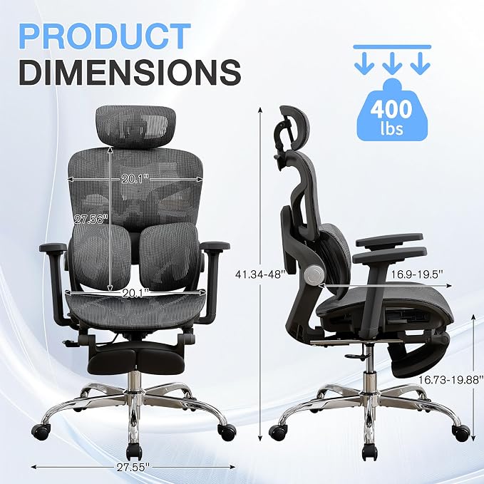 Ergonomic MeshOffice Chair with 2-Zone Lumbar Support and Footrest,Black | Big and Tall, 400LBS, Adjustable Seat Depth, 4D Headrest, 4D Armrests Swivel Executive Chair for Home Office