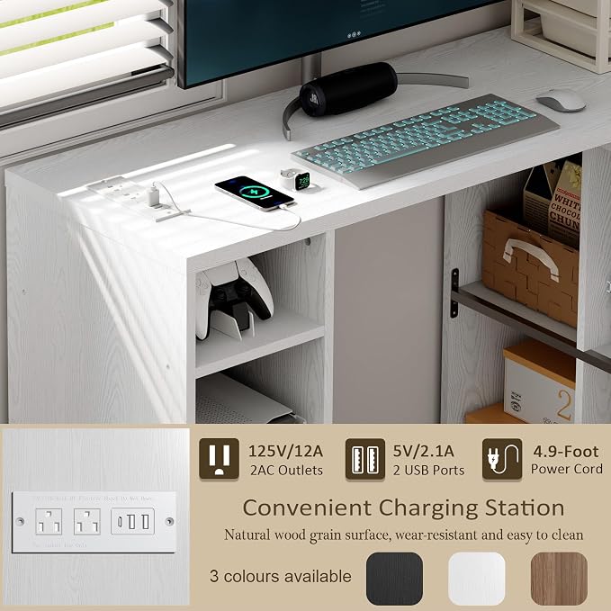 BOSHIRO White L-Shaped Computer Desk Table with Charging Station–Small Study Writing Desk with Backless Storage Shelves, 67” Bedroom Side Table & 360°Rotating Desk