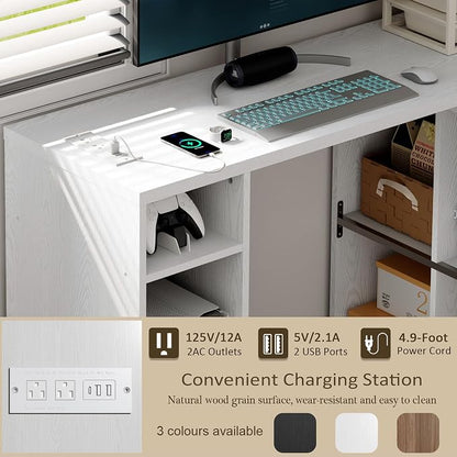 BOSHIRO White L-Shaped Computer Desk Table with Charging Station–Small Study Writing Desk with Backless Storage Shelves, 67” Bedroom Side Table & 360°Rotating Desk