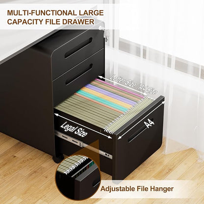 3 Drawer File Cabinet with Lock and 4 Keys, Mobile Metal Filing Cabinet, File Cabinets for Home Office, Under Desk, Pre-Assembly, File Drawer, Letter/Legal/A4 Hanging File Folders
