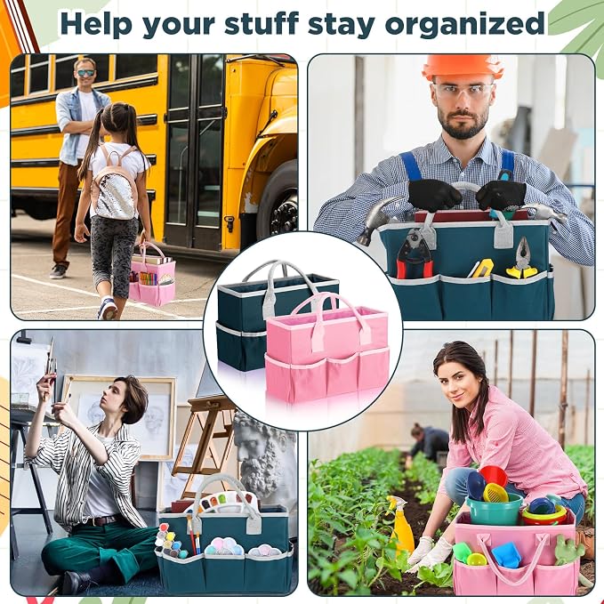 Tellingyou 2 Pcs Art Craft Tote Bag Teacher Craft Organizers and Storage Bag Desktop Tote Supply 600d Oxford Classroom Organizer Caddy Gift for Crafters Christmas Office(Dark Green, Pink)