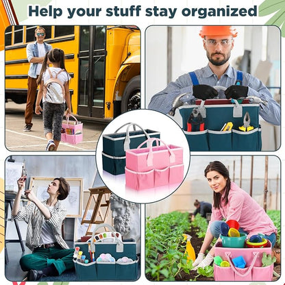 Tellingyou 2 Pcs Art Craft Tote Bag Teacher Craft Organizers and Storage Bag Desktop Tote Supply 600d Oxford Classroom Organizer Caddy Gift for Crafters Christmas Office(Dark Green, Pink)