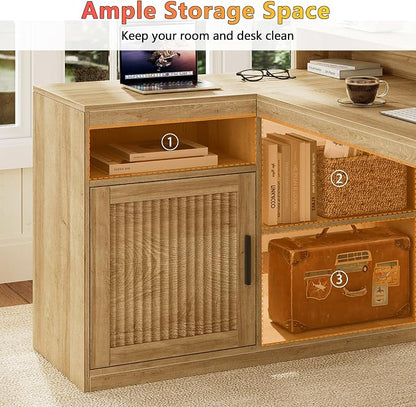 TVU Farmhouse L Shaped Desk with Drawers, 62.2" Home Office Desk with Storage Shelves and Power Outlet, L Shaped Computer Desk with Monitor Stand and Printer Shelf, Oak