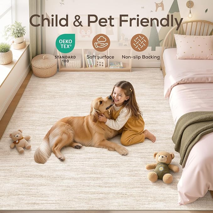 Nakagishi 7X9 Area Rugs Living Room: Washable Large Vintage Rug Neutral Non-Slip Soft Stain Resistant Indoor Carpet for Bedroom Nursery Dining Room Office Playroom - Beige