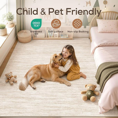Nakagishi 7X9 Area Rugs Living Room: Washable Large Vintage Rug Neutral Non-Slip Soft Stain Resistant Indoor Carpet for Bedroom Nursery Dining Room Office Playroom - Beige