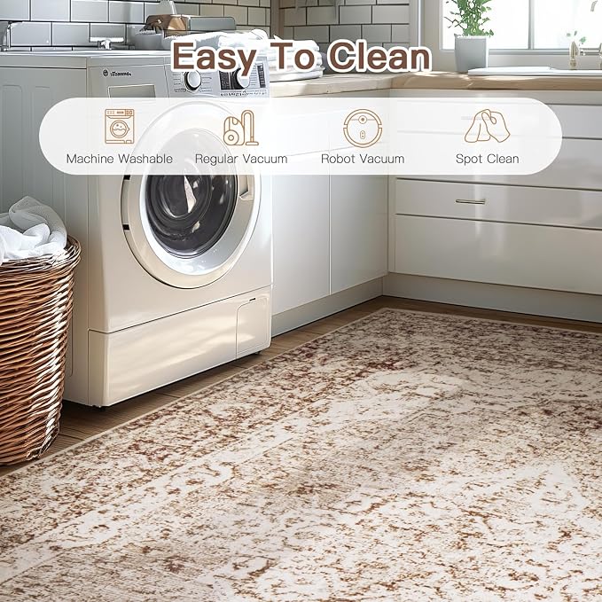 Lofus 9x12 Area Rugs for Living Room, Washable Area Rug, Big Rugs for Bedroom, Kitchen, Vintage Boho Carpet, Soft Non-Slip, Low Pile Large Area Rug for Office Dining Room, Vintage Beige Brown