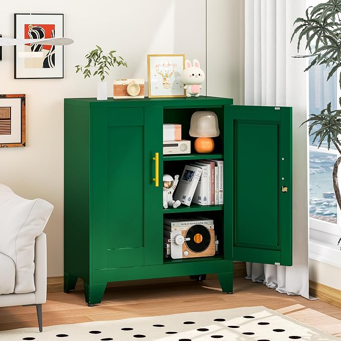 winiowa Tall Metal Storage Cabinet with Lock, Locking File Cabinet with 2 Doors and 2 Adjustable Shelves, Green Lockable Organizer for Home Office Garage（27.6" W）